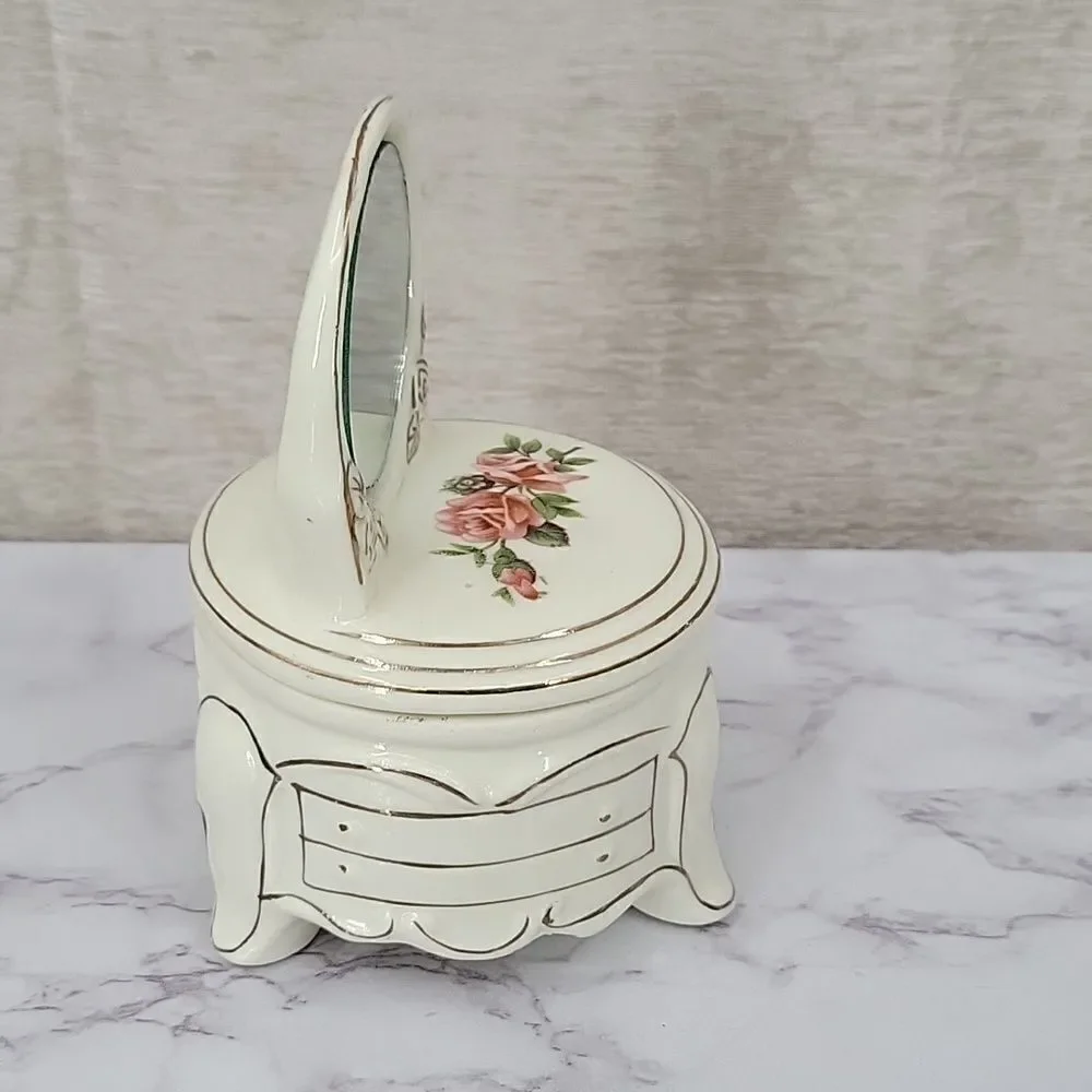 Jewelry Trinket Box Dresser Vanity with Mirror Vintage Floral Cream